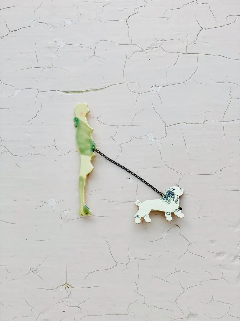1920s Flapper and Dog Celluloid Brooch Novelty Pin