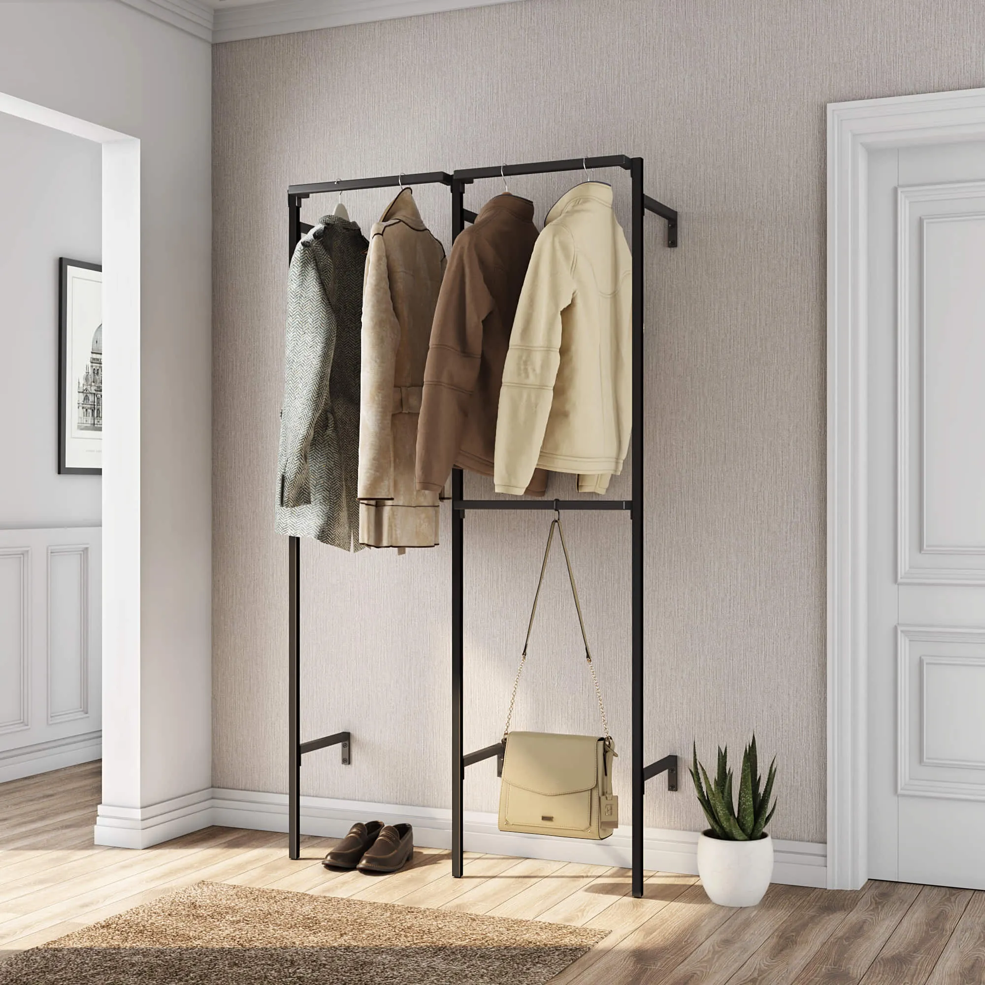 Frame walk-In 2 row wardrobe system - (1 rail / 2 rails)