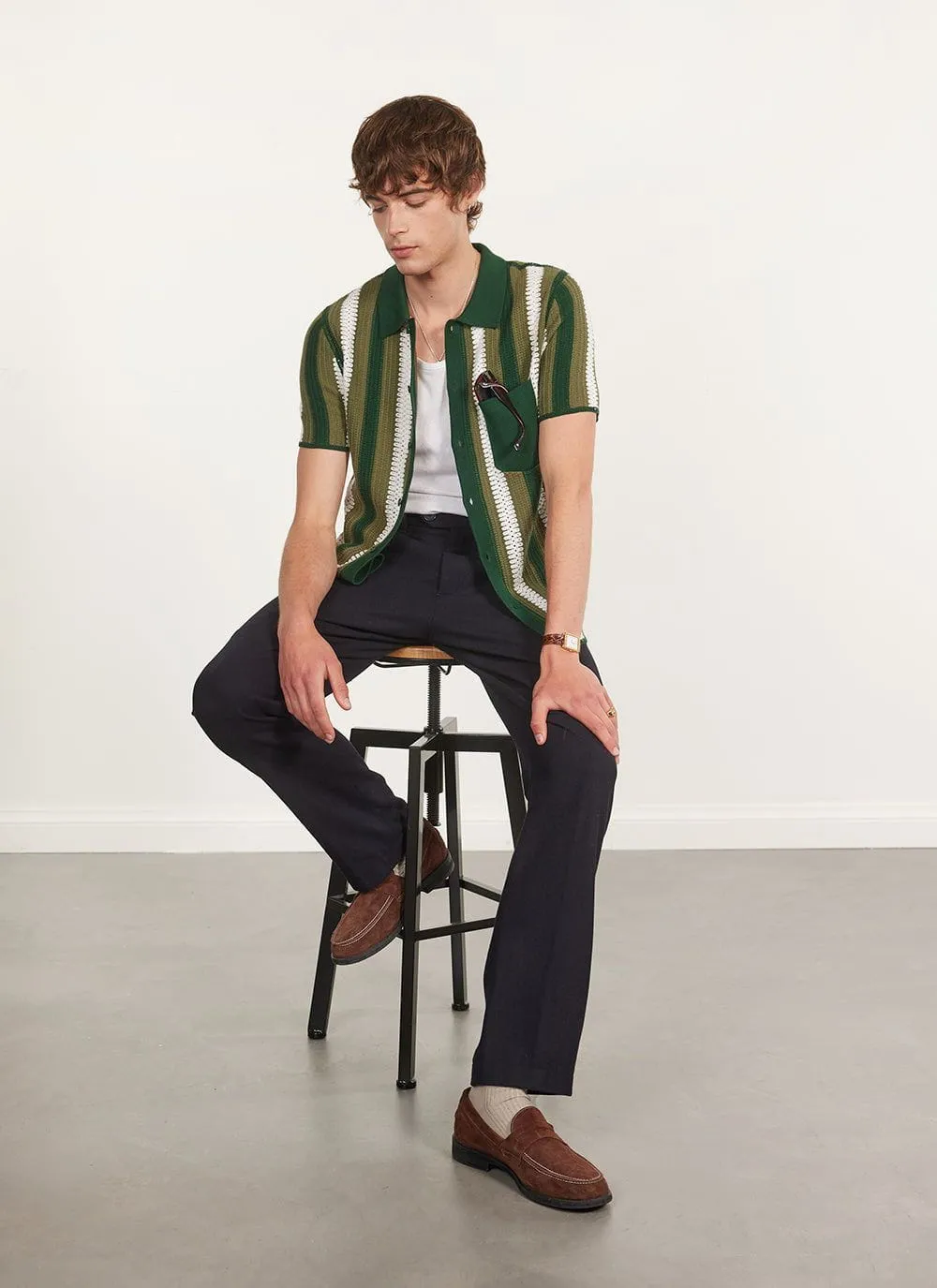 Pathos Crochet Stripe Shirt | Cotton | Forest