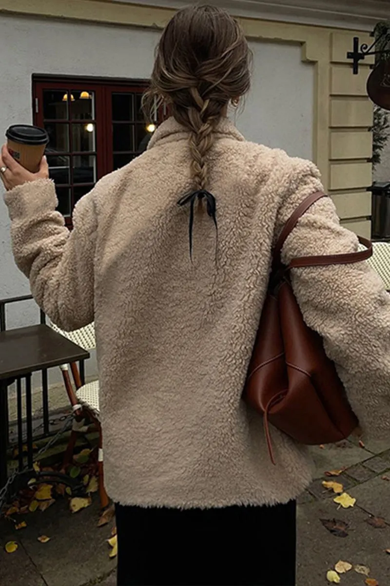Solid Long Sleeve Zipper Lapel Loose Plush Coat
