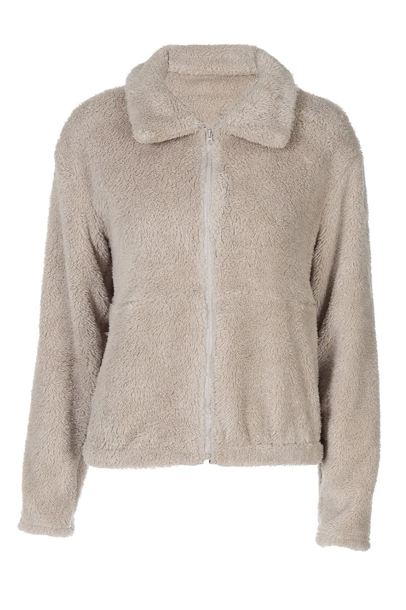 Solid Long Sleeve Zipper Lapel Loose Plush Coat