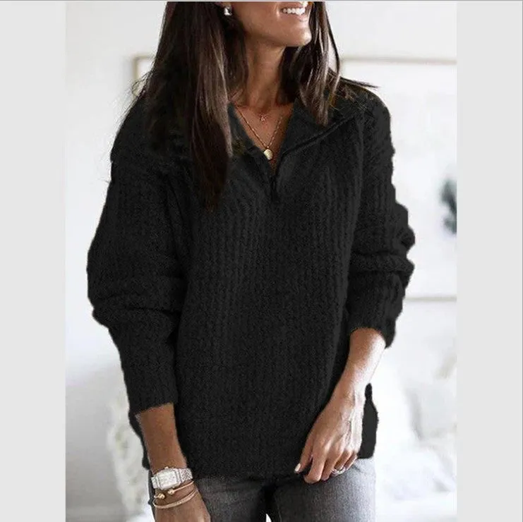 Versatile Attractive Women's Zipper Pullover Long-sleeved Sweaters