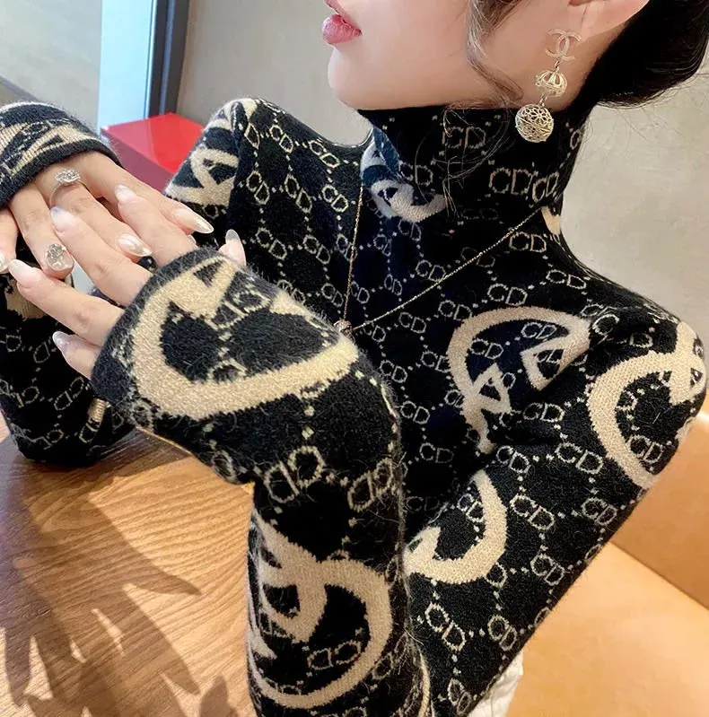 Women Clothing Vintage Jacquard Knitwear Autumn Winter Slim Knitted Turtleneck Pullovers Fashion Comfortable Wool Sweaters