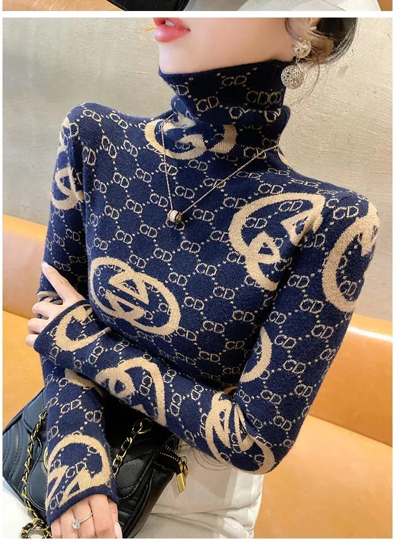 Women Clothing Vintage Jacquard Knitwear Autumn Winter Slim Knitted Turtleneck Pullovers Fashion Comfortable Wool Sweaters