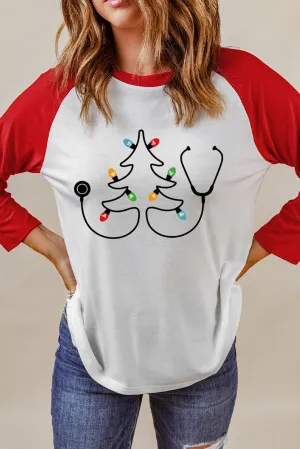 Women's Red and White Christmas Tree Colored Light Strip Stethoscope Patchwork Long Sleeve Top